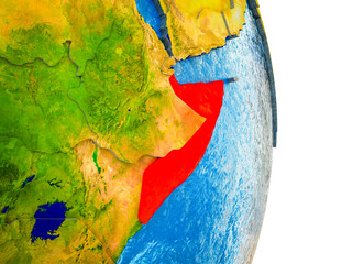 Somalia on 3D model of Earth with divided countries and blue oceans.