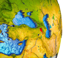 Armenia on 3D model of Earth with divided countries and blue oceans.