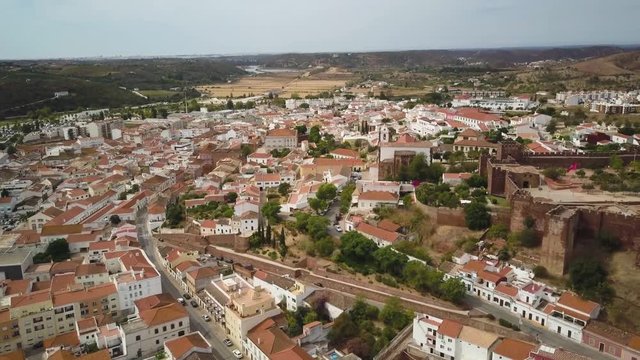 4k drone.  Ancient medieval castle.  City of Silves, Portugal.  Algarve region.
