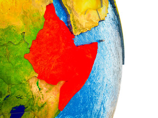 Horn of Africa on 3D model of Earth with divided countries and blue oceans.