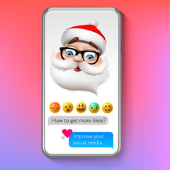 Christmas emoji Santa Claus, holiday smile face emoticon, vector illustration.