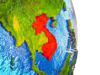 Indochina on 3D model of Earth with divided countries and blue oceans.