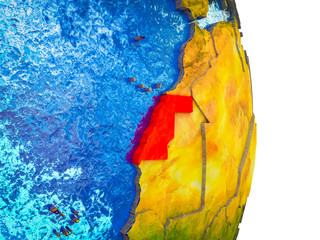Western Sahara on 3D model of Earth with divided countries and blue oceans.
