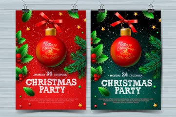 Christmas party design templates, posters with ball and Christmas decoration, vector illustration.