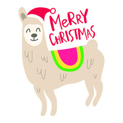 Merry christmas. Funny hand drawn llama. Vector lettering illustration for postcard, t shirt, print, kids wear, stickers, posters design.