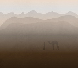 A Merchant And A Camel Walking Through The Desert In The Sand Storm, The Silk Road