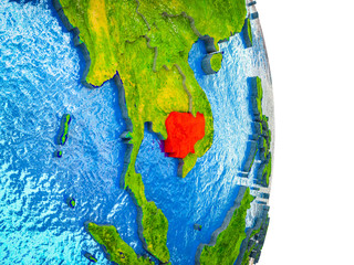 Cambodia on 3D model of Earth with divided countries and blue oceans.
