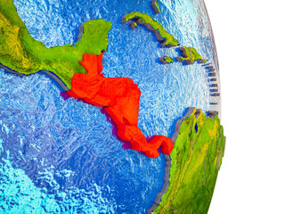 Central America on 3D model of Earth with divided countries and blue oceans.