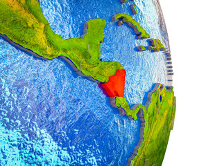 Nicaragua on 3D model of Earth with divided countries and blue oceans.