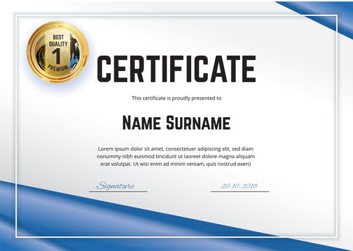 Official white certificate with blue gradient design elements. Business clean modern design. Gold emblem