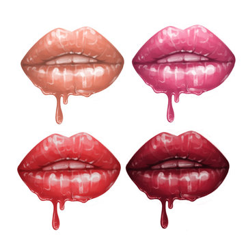 Collection of realistic lips with flowing glossy lipsticks in various colors.