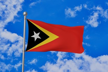 Timor Leste national flag waving isolated in the blue cloudy sky 3d illustration