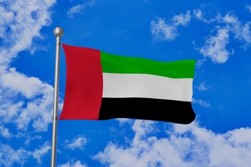 United Arab Emirates national flag waving isolated in the blue cloudy sky 3d illustration