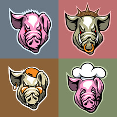 Set of Pork heads in different facial expression. Cartoon style.