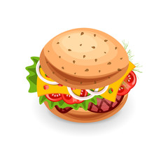 Vector Fast food Burger Icon, isolated on white background. Junk Food Burger with cheese, meat, greens. Delishious Burger Illustration. Fresh tasty American Street Food Burger Icon