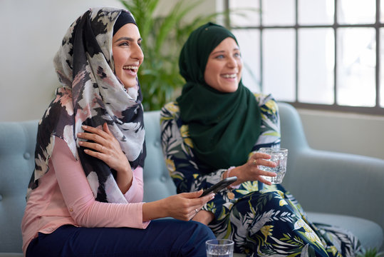 Happy Muslim Women Laughing Smiling Together