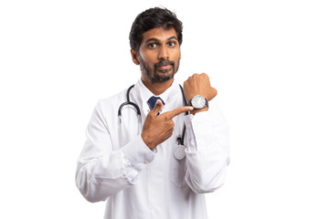 Physician pointing at wristwatch as you are late gesture.