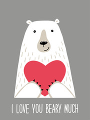 Cute retro hand drawn Valentine's Day card as funny Bear with Heart and quote I Love You Beary Much