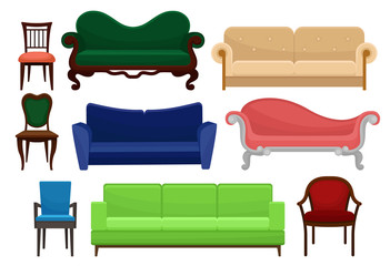 Collection of comfortable furniture set, vintage and modern chairs and sofas, elements for interior design vector Illustration on a white background