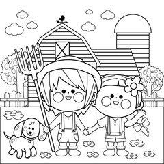 Children at the farm. Vector black and white coloring page