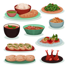 Collection of delicious Indian food, thali, green beans on wheat tortilla, tandoori, roti vector Illustration on a white background