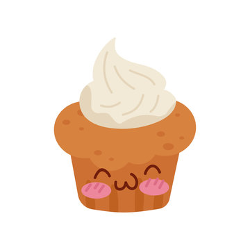 Muffin with cream cute Kawaii food cartoon character vector Illustration on a white background