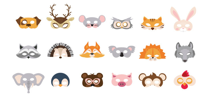Set of photo booth props masks of wild and domestic animals. great for party and birthday. vector illustration