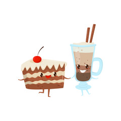 Piece of cake and cocoa drink are friends forever, cute funny food cartoon characters vector Illustration on a white background