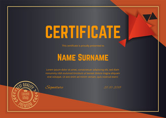 Official black certificate with orange design elements. Business clean modern design. Trianlge abstract background