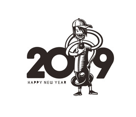 Happy New Year 2019 Text with selfi boy Design, Vector illustration.