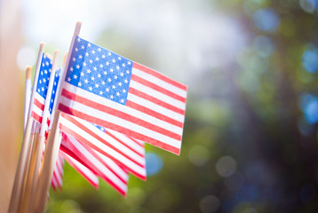Miniature paper flags USA. American Flag on blurred background outdoors