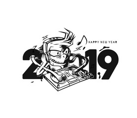 Happy New Year 2019 Text with monster play dj, Vector illustration.