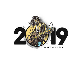 Happy New Year 2019 Text with women guitarists playing guitar Design, Vector illustration.