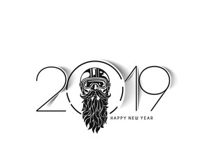 Happy New Year 2019 hipster rider wearing a helmet for safe ride, Vector illustration.