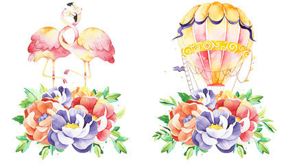 Watercolor flowers illustration. Handpainted  watercolor set with flowers, branches, leaves, flamingo and air balloon. Perfect for you postcard design, wallpaper, print, invitations, packaging etc. - 229315840