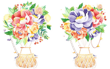 Watercolor flowers air balloon. Handpainted  watercolor set with flowers, branches, leaves and balloon basket. Perfect for you postcard design, wallpaper, print, invitations, packaging etc. - 229315874