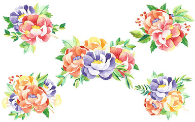 Watercolor flowers bouquets. Handpainted  watercolor bouquets with flowers, branches, leaves. Perfect for you postcard design, wallpaper, print, invitations, packaging etc. - 229315889