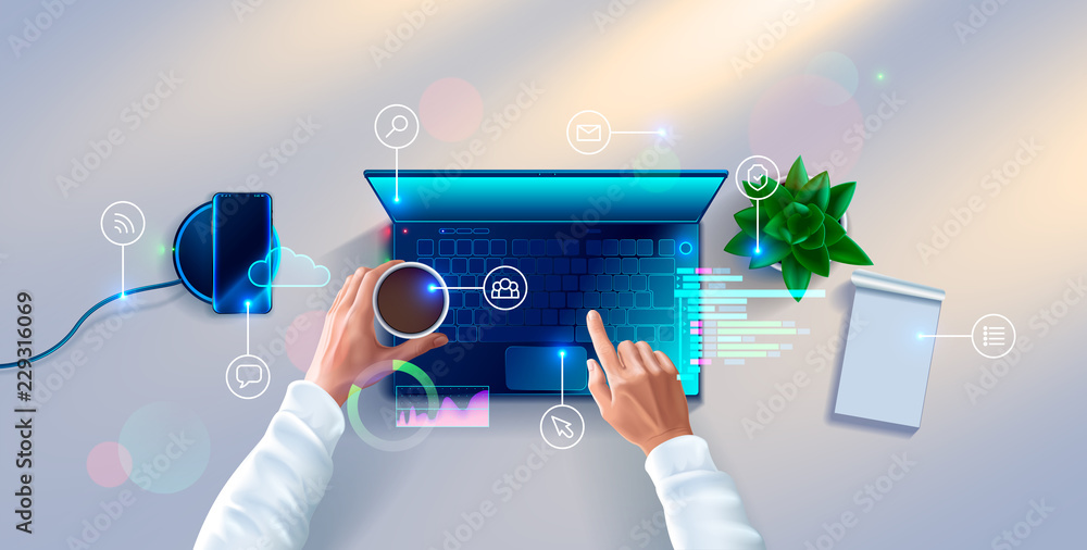 Fototapete Hands of developer working on keyboard of laptop on white desk. top view. Workplace of programmer with notebook, table plant, smartphone, icons and interface elements.