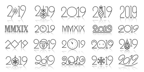 2019 year simple black line icons vector set
