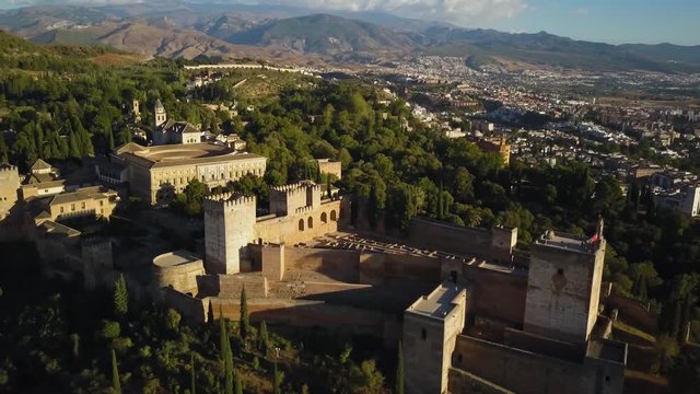 4k drone - Medieval castle, The Alhambra Palace, at sunset.  Granada, Spain.