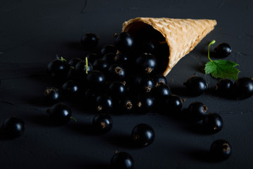A bitter currant that pours out of a waffle cup on a beautiful dark concrete background. Berry, currant, fruit ice cream, ice cream cup