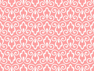 Flower geometric pattern. Seamless vector background. White and pink ornament. Ornament for fabric, wallpaper, packaging. Decorative print