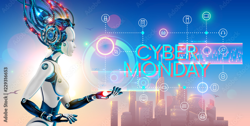 Aufkleber cyborg woman show hologram with text cyber monday and icons online internet store. robot advertising