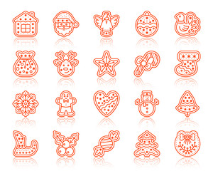 Xmas Gingerbread simple color line icon vector set