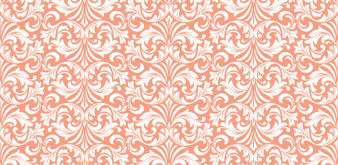 Floral pattern. Vintage wallpaper in the Baroque style. Seamless vector background. White and pink ornament for fabric, wallpaper, packaging. Ornate Damask flower ornament