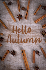 Hello, Autumn. The phrase is written on a wooden table with ground cinnamon among cinnamon sticks and badyan.  Top view, flat lay