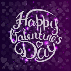 Happy Valentines Day. Calligraphic text. Greeting card vector illustration. Heart. Purple background