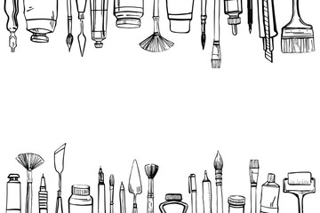 Frame with hand drawn sketch vector artist materials on top and on bottom. Black and white stylized illustration with painting and drawing tools. Brushes, tubes, pens and pencils on white bacground