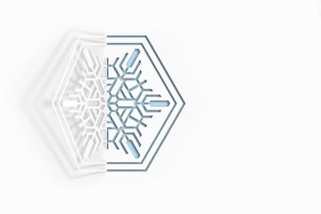 New year's eve greeting card concept. Snowflake cut from paper, casting a shadow. 3d illustration