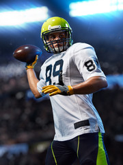 American football sportsman player on stadium in action. Sport advertising